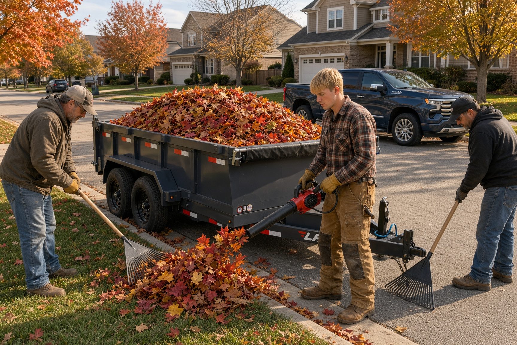 Crew raking and blowing leaves into a trailer