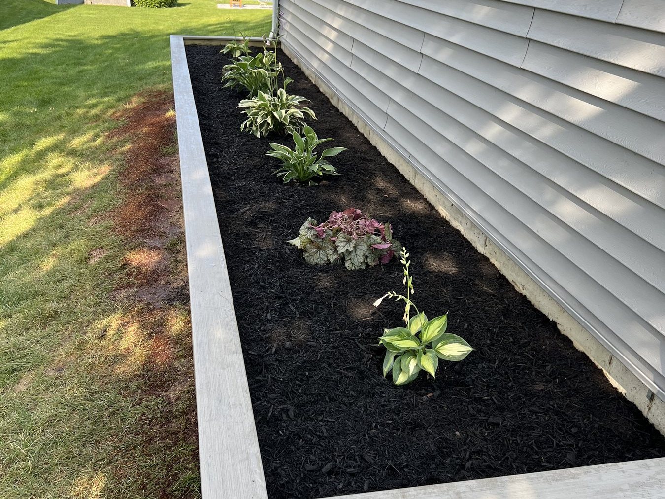 Finished lake-lot planter with new plantings and mulch