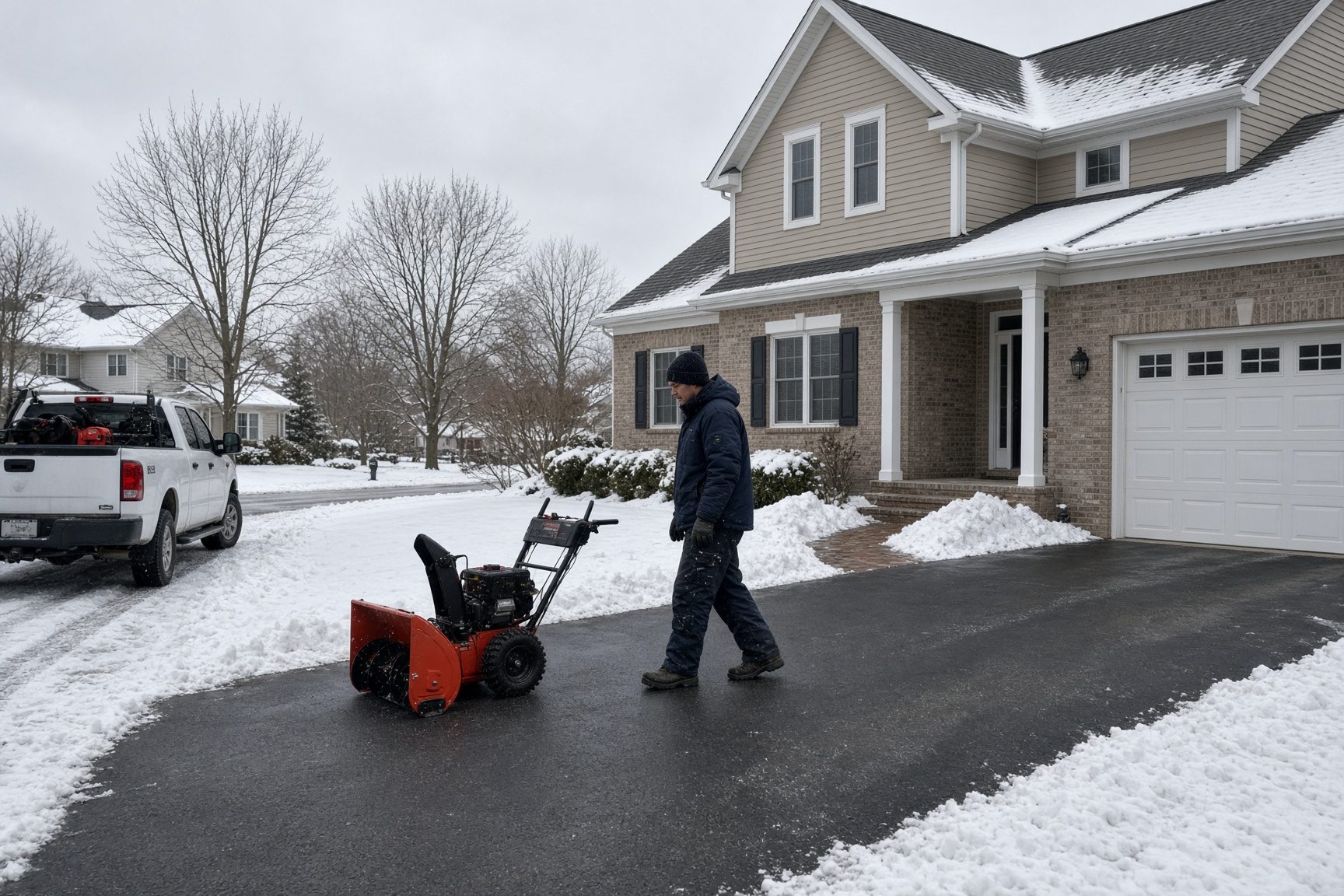 Driveway cleared with a snowblower, truck parked at the curb