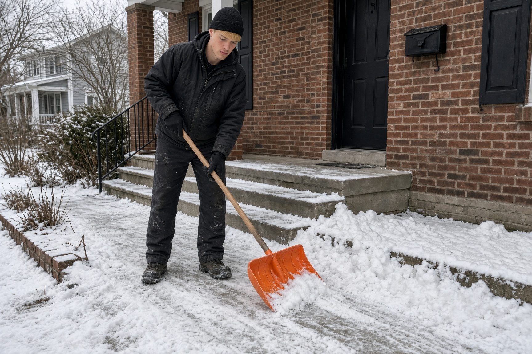 Shoveling snow off the front steps and walk